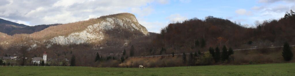 Travnik v ospredju in vzpetina Ajdovski gradec v ozadju.