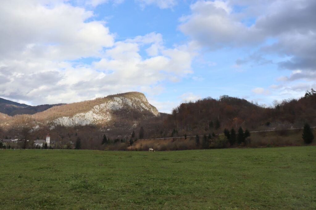 Travnik v ospredju in vzpetina Ajdovski gradec v ozadju.