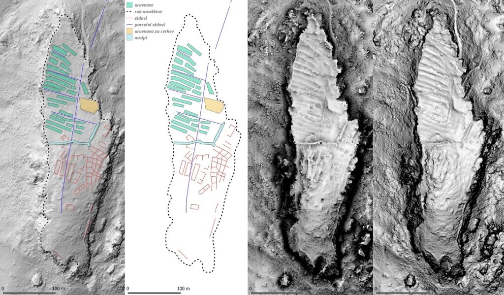 Načrt naselbine z arhitekturnimi ostalinami in lidarski posnetek.